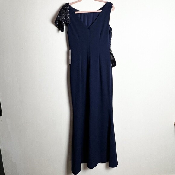 JS Collection Kennedy Draped Mermaid Maxi Dress Gown Navy NWT Sequins Sz 6 - Picture 8 of 16